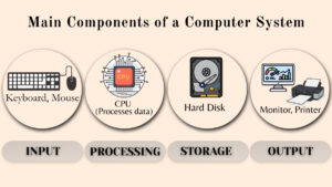 Main components of a computer system including input, processing, storage and output