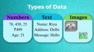Types of data showing numbers text and images