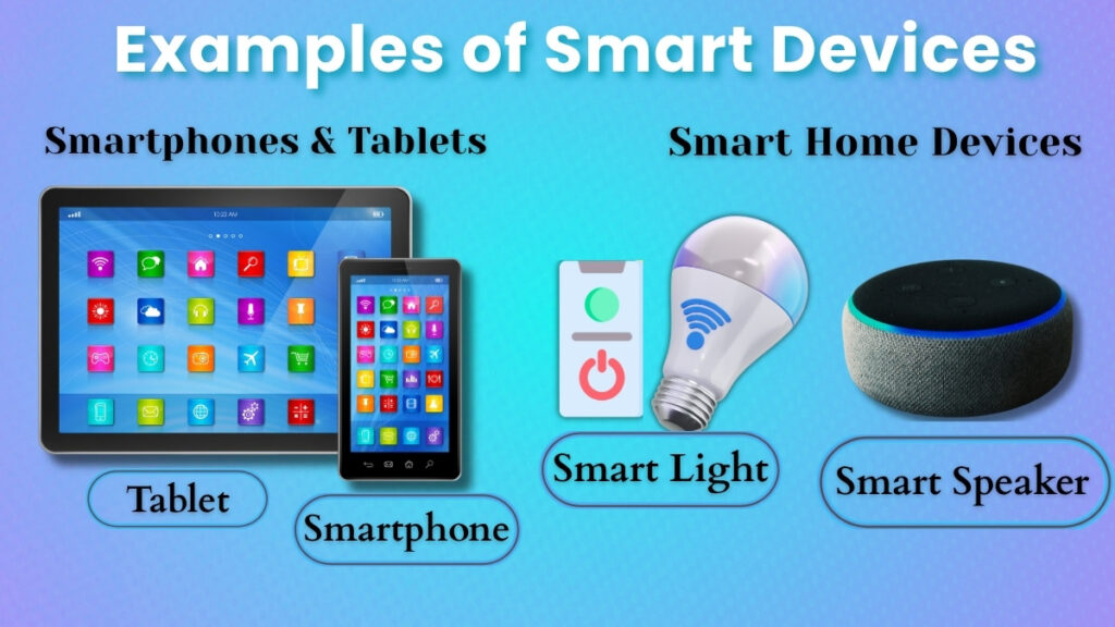 Examples of smart devices including smartphone, tablet, smart light and smart speaker