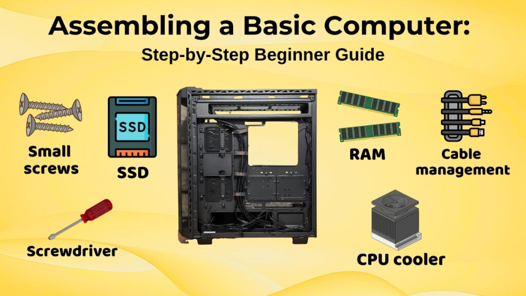 Beginner assembling a basic computer with motherboard, RAM, SSD, and internal hardware components inside a desktop cabinet