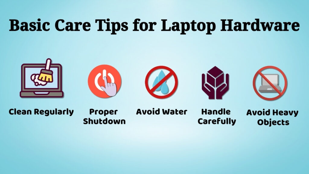 Basic care and maintenance tips for laptop hardware including cleaning safe handling and avoiding water