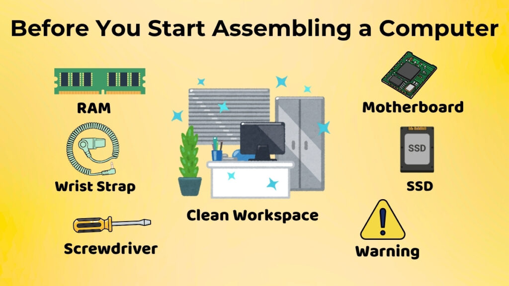 Clean workspace with organized computer hardware components and anti-static safety setup before assembling a computer