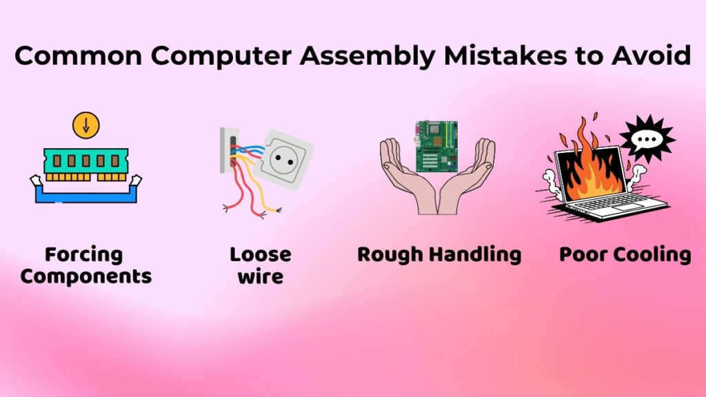 Common beginner mistakes during computer assembly including loose cables, forcing components, rough handling, and poor cooling airflow