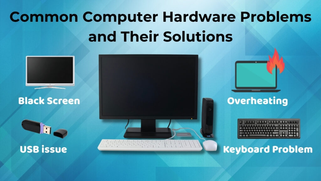Desktop computer showing common hardware problems like overheating, black screen, USB issues, and keyboard problems