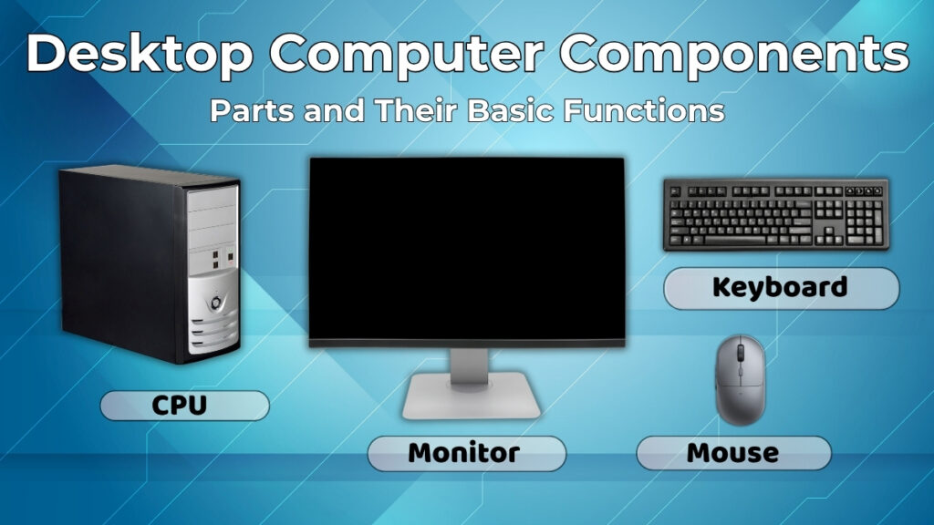 desktop computer setup showing monitor keyboard mouse and CPU cabinet