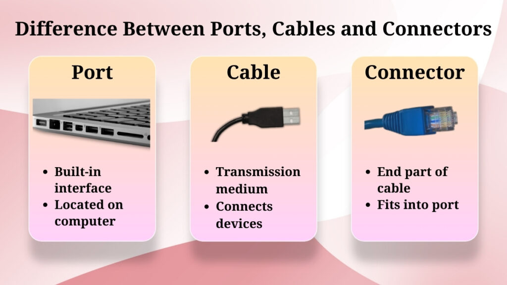 Difference between port cable and connector with simple explanation and examples