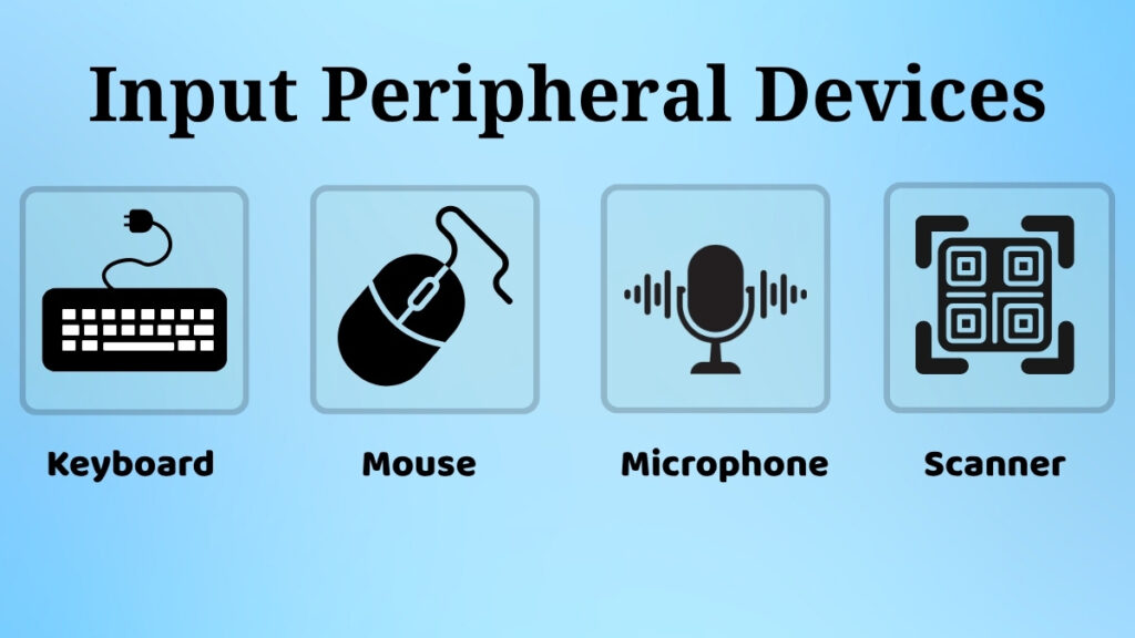 Input peripheral devices such as keyboard, mouse, scanner and microphone