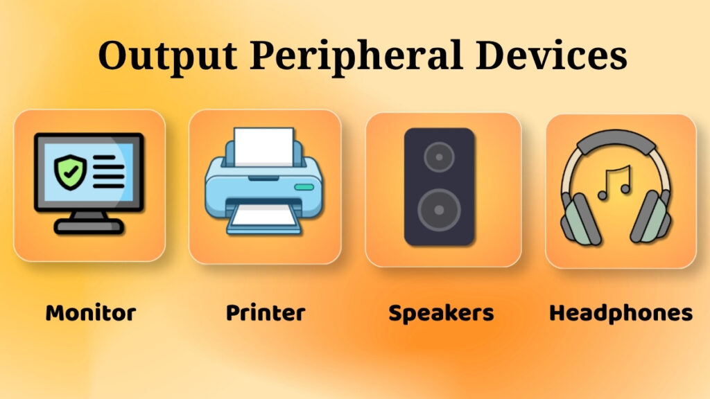 Output peripheral devices including monitor, printer, speakers and headphones