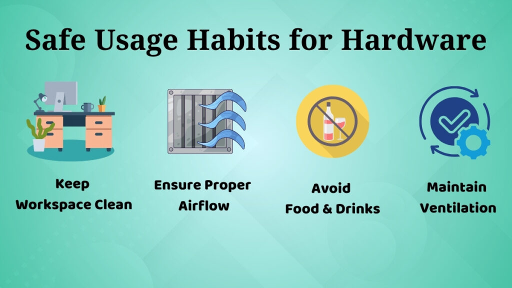 Safe computer usage habits showing proper airflow clean workspace and no food near computer