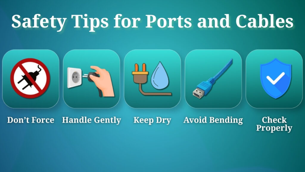 Safety tips for using computer ports and cables including do not force cable handle gently keep dry avoid bending and check connections