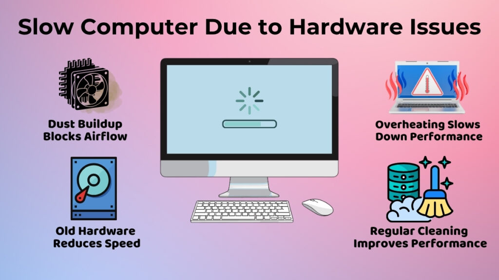 Slow computer performance caused by dust buildup, overheating, and blocked airflow inside CPU cabinet