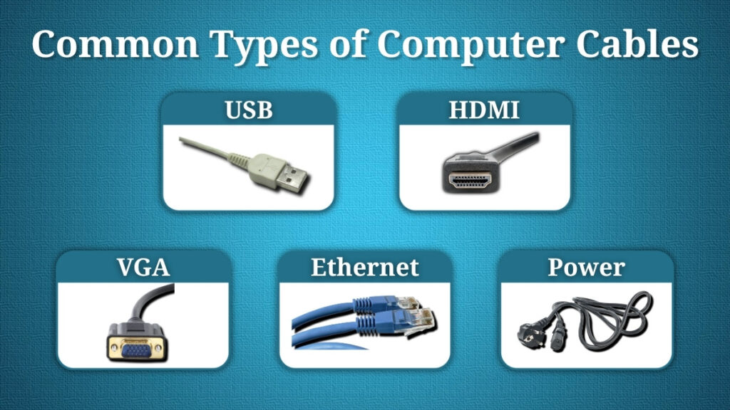 Common computer cables such as USB HDMI VGA Ethernet and power cable examples