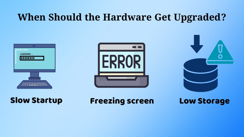 Laptop showing slow startup, freezing issues, and low storage warning signs for hardware upgrade