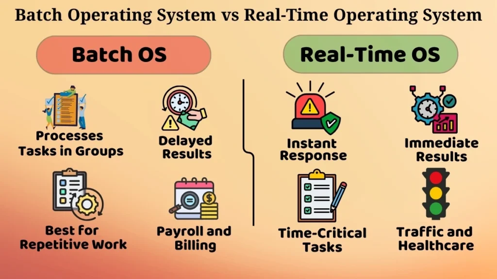 Comparison infographic showing the differences between a Batch Operating System and a Real-Time Operating System.