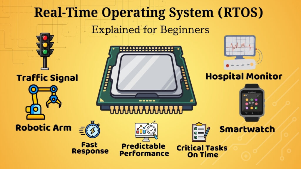 Illustration explaining the Real-Time Operating System (RTOS) with examples of traffic control systems, medical devices, industrial machines, and smart devices.