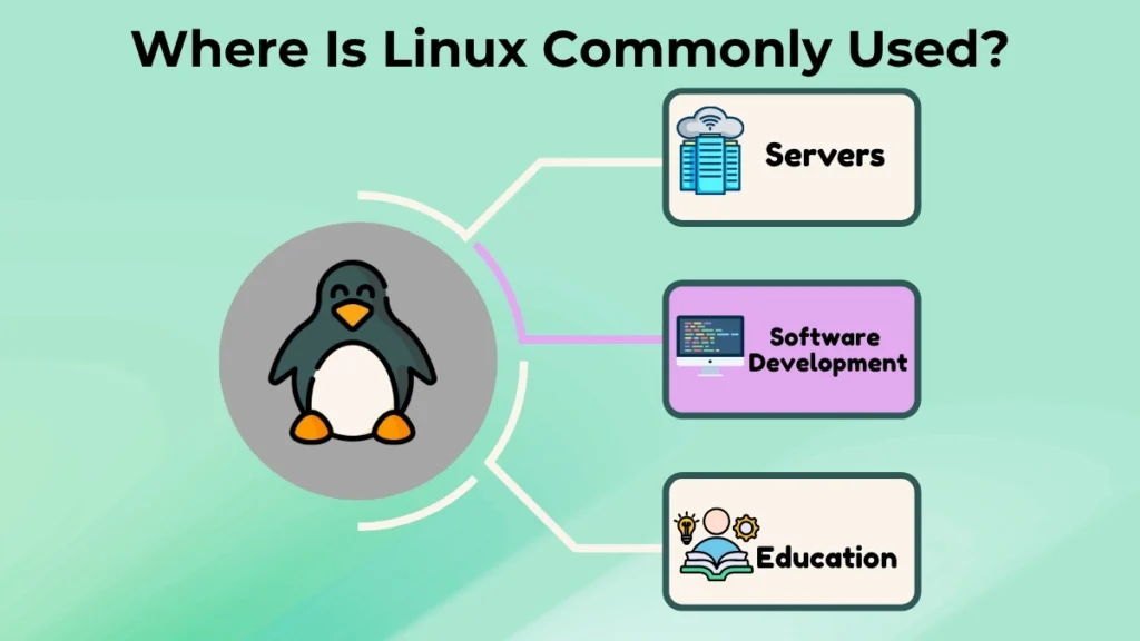 Infographic showing common uses of Linux in servers, software development, and education.