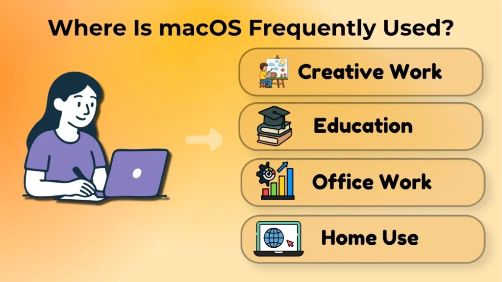 Infographic showing common uses of macOS in creative work, education, office environments, and home activities.