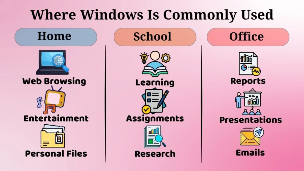 Illustration showing common uses of Windows operating system in homes, schools, and offices.