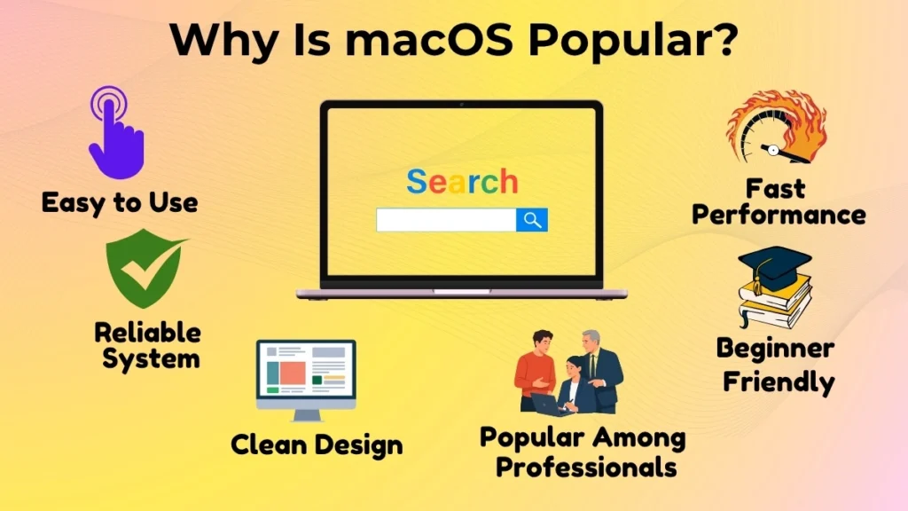 Infographic showing why macOS is popular because of its easy-to-use interface, fast performance, clean design, and reliability.