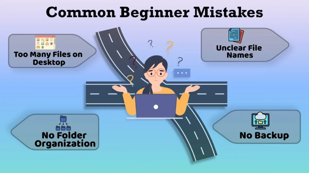Illustration showing common beginner mistakes in file management, including a cluttered desktop, unclear file names, poor folder organization, and no backup.