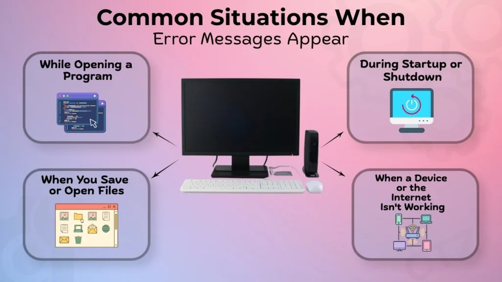 Infographic showing common situations when error messages appear, including opening programs, startup or shutdown, saving files, and device or internet problems.