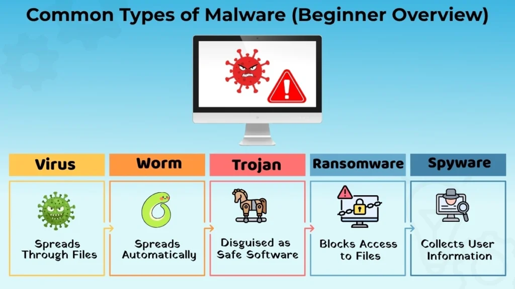 Common Types of Malware infographic showing virus, worm, Trojan, spyware, and ransomware with simple beginner-friendly explanations.