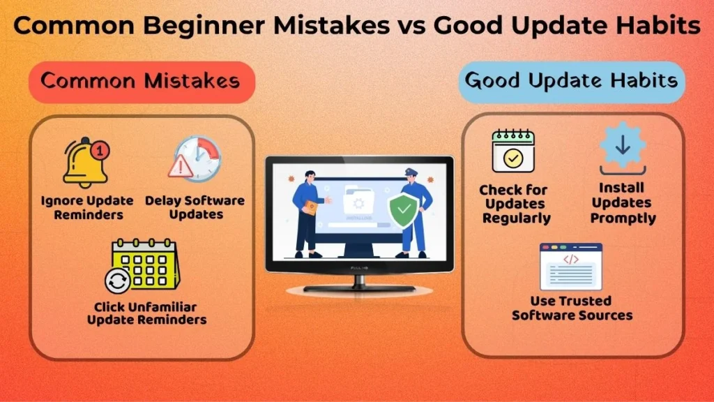 Comparison infographic showing common beginner mistakes and good update habits for keeping security software updated safely.