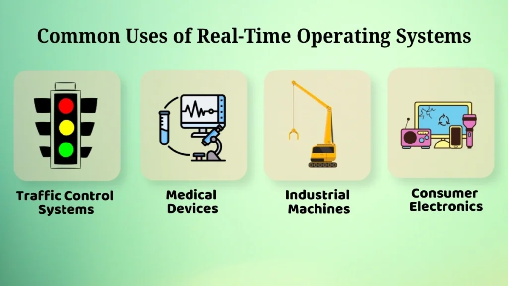 Infographic showing common applications of Real-Time Operating Systems including traffic control systems, medical devices, industrial machines, and consumer electronics.