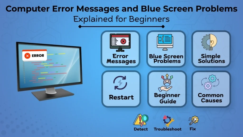 Computer Error Messages and Blue Screen Problems Explained for Beginners infographic showing error messages, blue screen issues, common causes, and simple solutions.