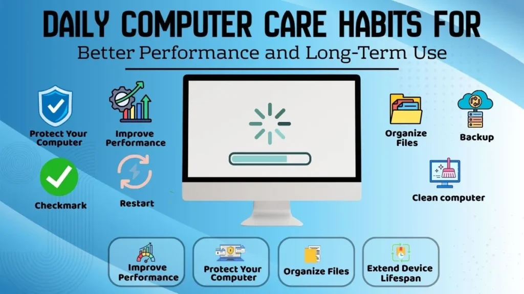 Illustration showing daily computer care habits for better performance, protection, organized files, and long-term computer use.