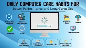 Illustration showing daily computer care habits for better performance, protection, organized files, and long-term computer use.