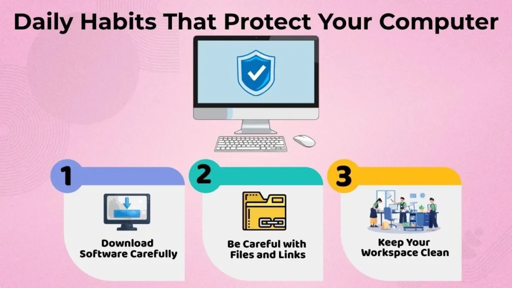 Infographic showing computer protection habits including careful software downloads, safe file handling, trusted links, and a clean workspace.