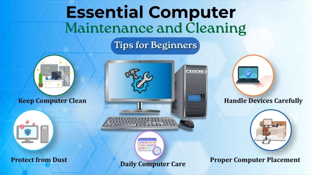 Essential computer maintenance and cleaning tips for beginners showing proper computer care, cleaning, dust protection, and safe handling practices.