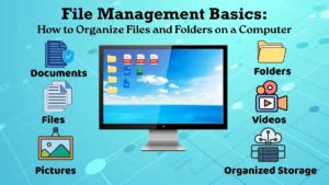 Illustration showing file management basics with organized files and folders on a computer.