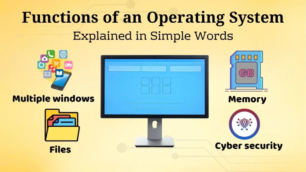 Functions of an operating system showing multitasking, memory management, file management, security, and device control in a computer system