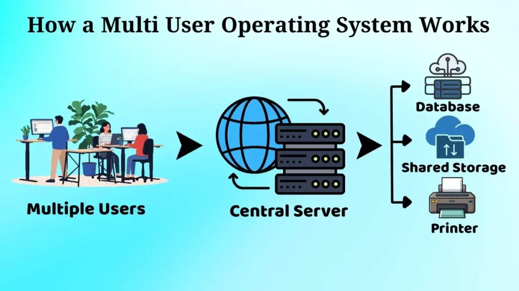 Illustration showing multiple users connected to a central server that shares resources such as storage, databases, and printers in a multi user operating system.
