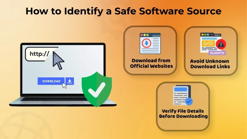 How to identify a safe software source by using official websites, avoiding unknown download links, and verifying file details