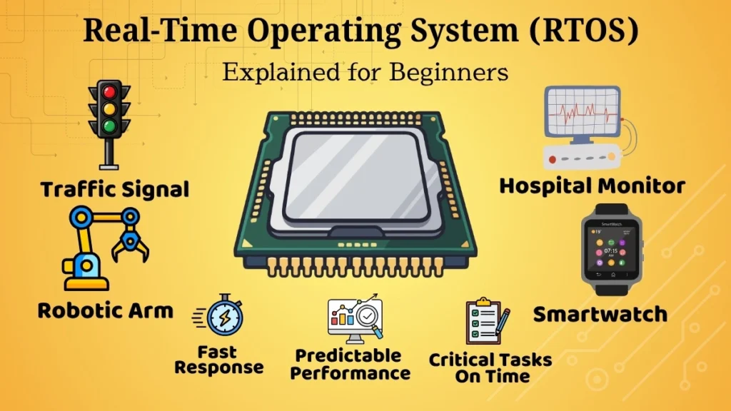 Illustration explaining the Real-Time Operating System (RTOS) with examples of traffic control systems, medical devices, industrial machines, and smart devices.