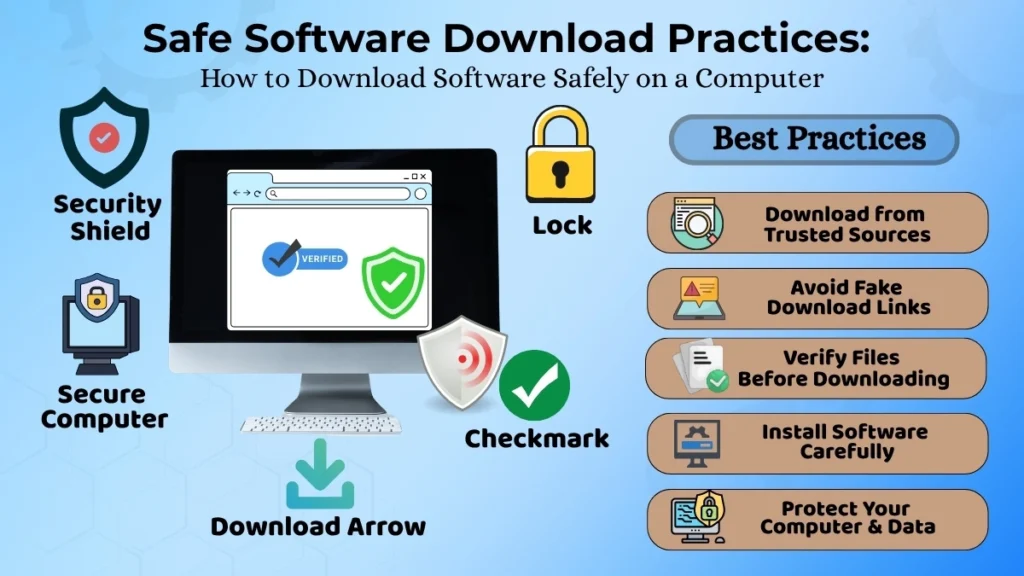 Safe Software Download Practices showing secure software download from trusted sources on a computer