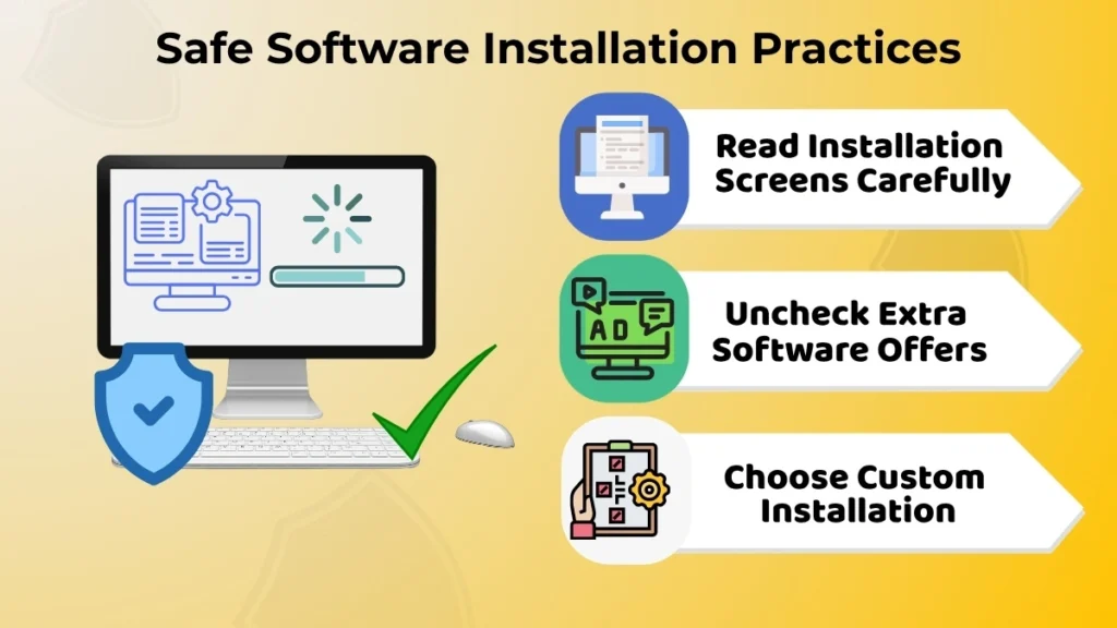 Safe software installation practices including reading installation screens, unchecking extra offers, and choosing custom installation