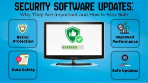 Infographic showing the importance of security software updates with better protection, improved performance, data safety, and safe update practices.