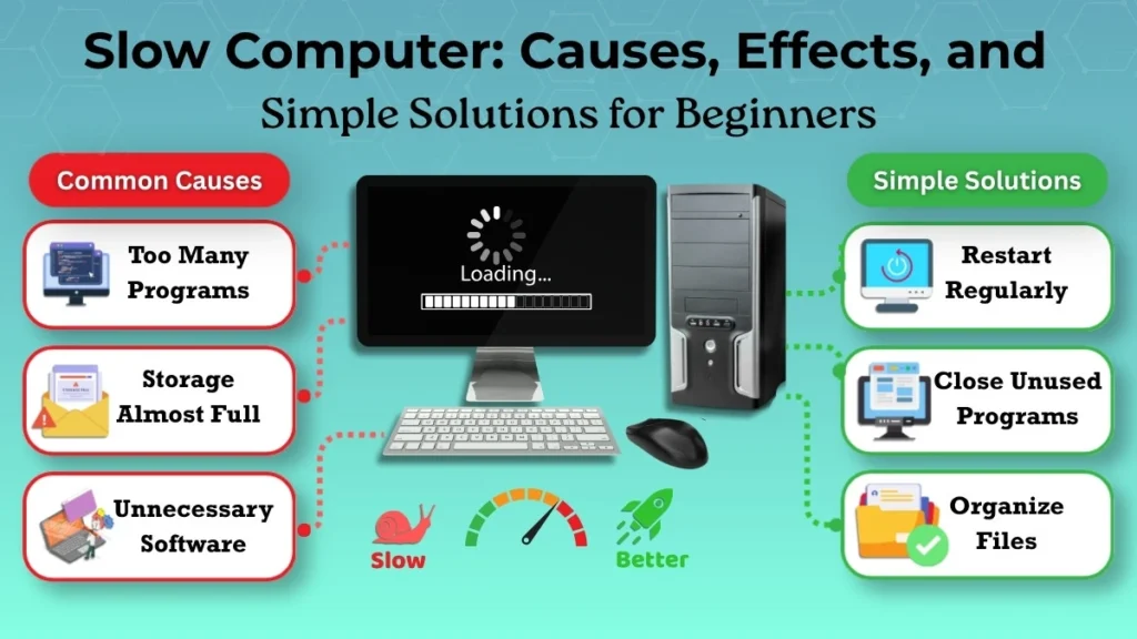 Slow Computer: Causes, Effects, and Simple Solutions for Beginners infographic showing common causes and simple solutions.