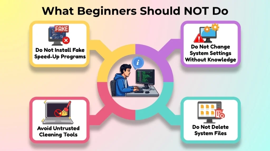 Infographic highlighting common mistakes beginners should avoid to keep a computer running properly.