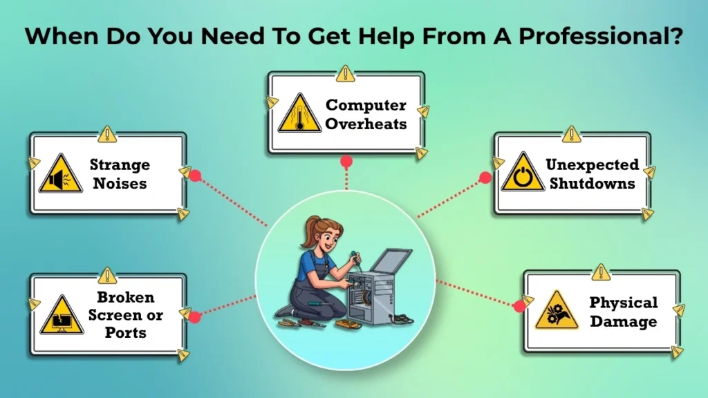Warning signs that indicate when professional computer repair is needed, including overheating, strange noises, unexpected shutdowns, and physical damage.