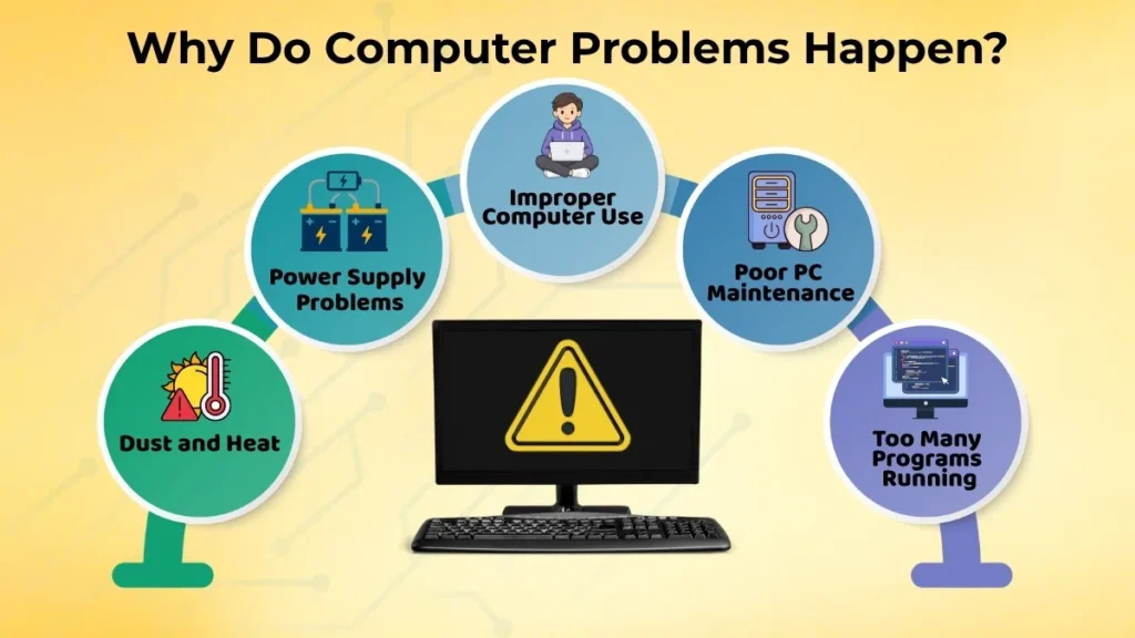 Infographic explaining the common reasons why computer problems happen.