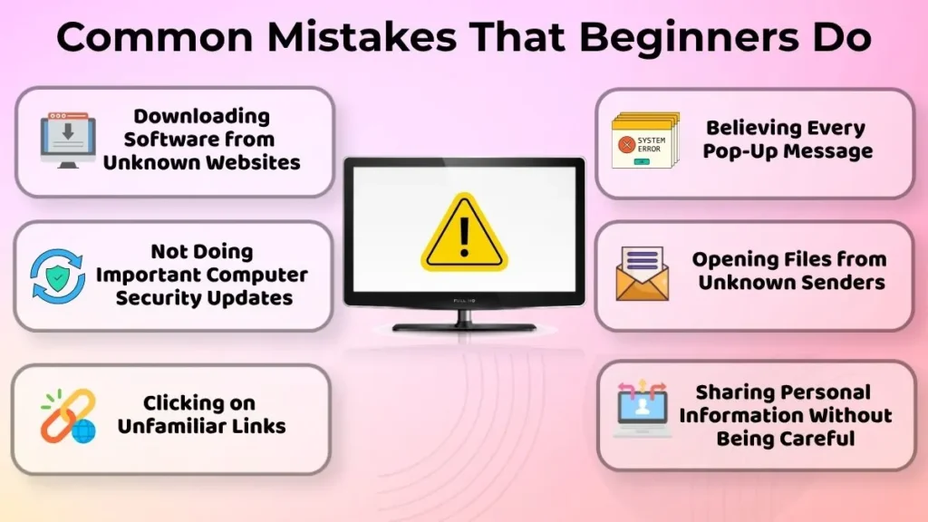 Image about highlighting common beginner computer security mistakes such as downloading software from unknown websites, clicking unfamiliar links and sharing personal information carelessly.