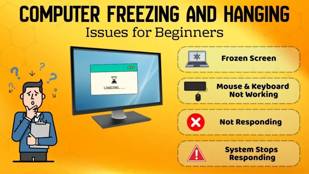 Computer freezing and hanging issues illustration showing a frozen screen, Not Responding message, unresponsive mouse and keyboard, and a frustrated computer user.