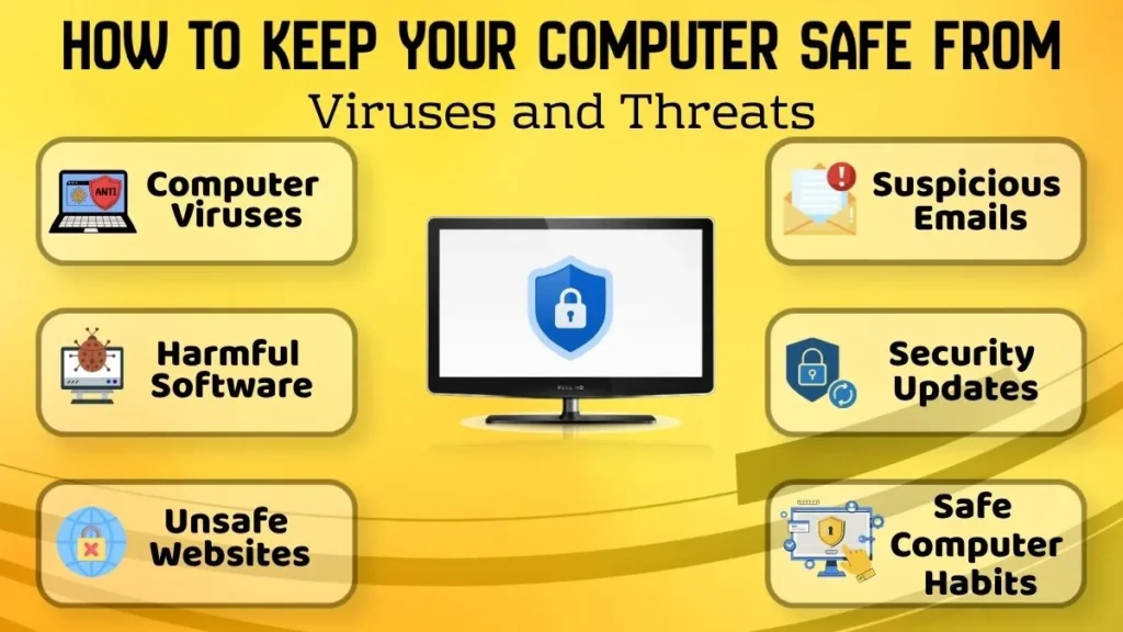 Image showing how to keep a computer safe from viruses, malware, unsafe websites, suspicious emails and online threats using safe computer security practices.