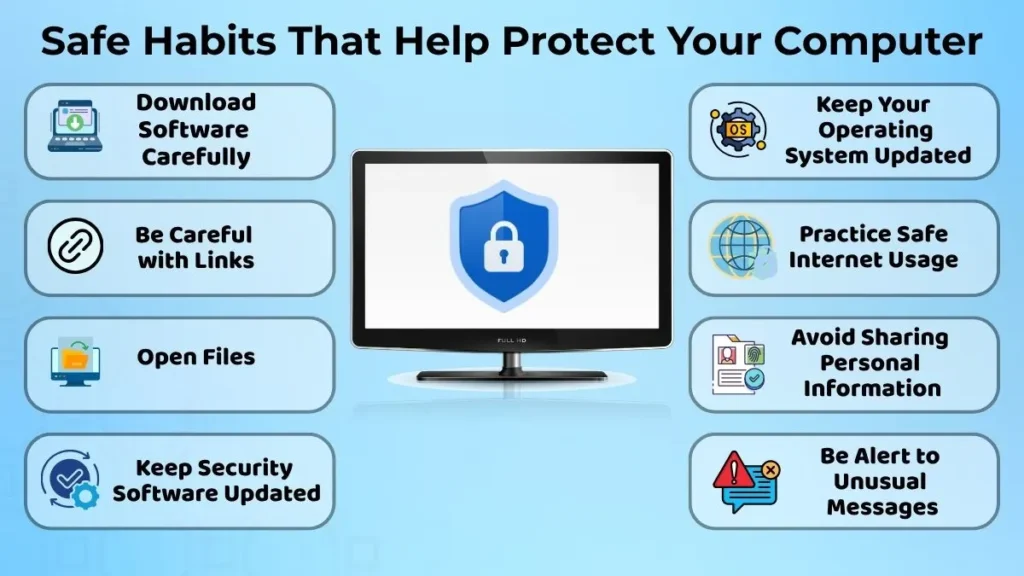 Image showing safe computer habits such as careful software downloads, checking links, opening trusted files, updating software and protecting personal information.