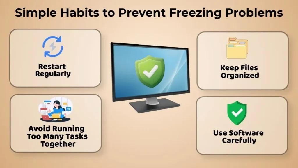 Infographic showing simple habits to prevent computer freezing problems, including restarting regularly, organizing files, avoiding excessive multitasking, and using software carefully.